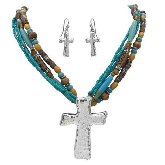 Blue & Brown Beaded Cross Necklace Earrings Set - Picture 1 of 3